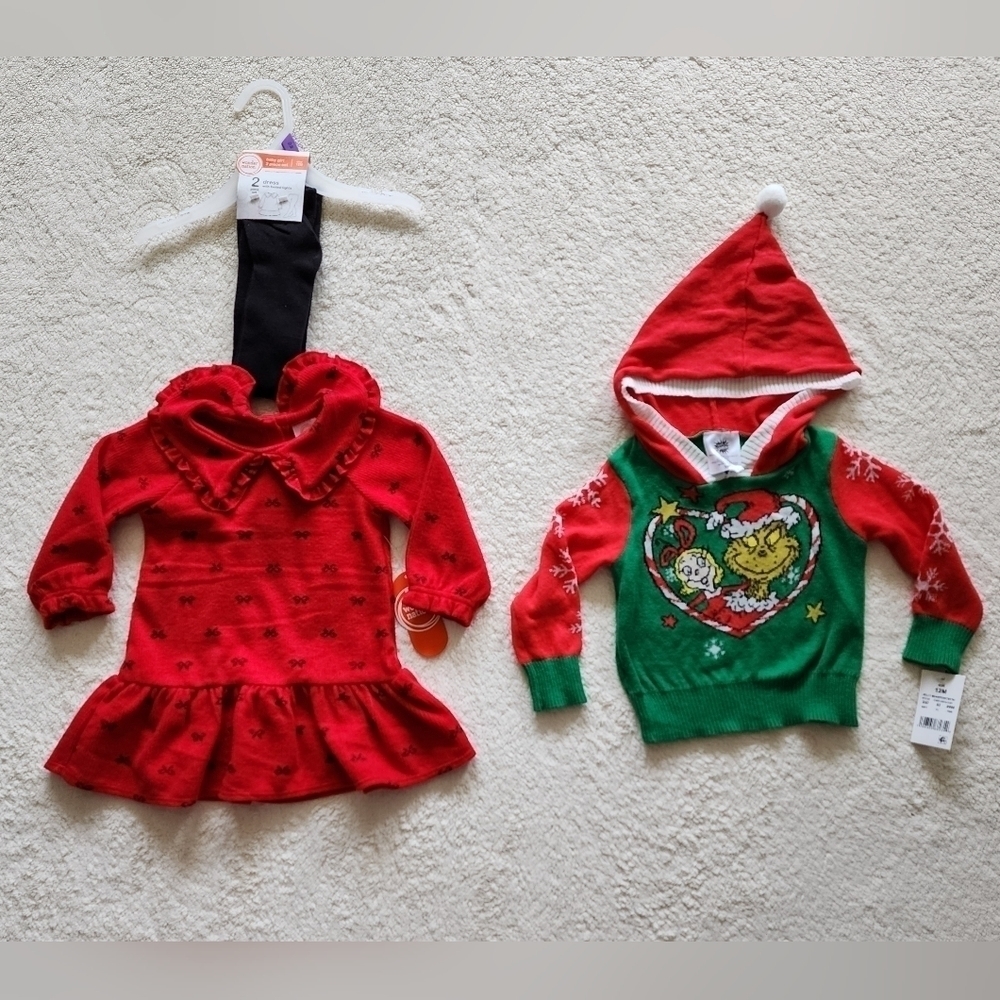 NEW toddler girl holiday Christmas dress with tights and ugly sweater Mr Grinch